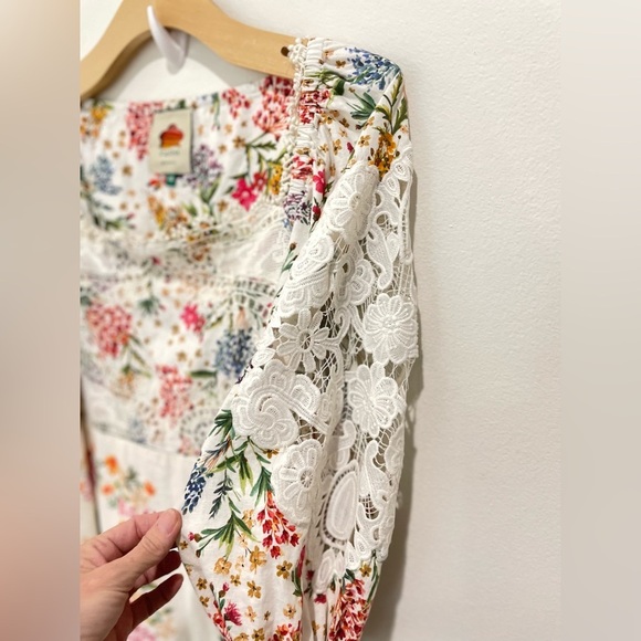 FARM RIO Floral Mini Dress Lace Inset Boho Size XS Cream Linen Blend Bird - Picture 5 of 9